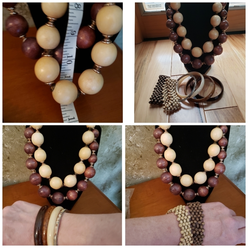 Boho Artisan Wooden Jewelry Set 2Necklaces 2 Bracelets Ivory Browns +4 Gifts New - Picture 6 of 10